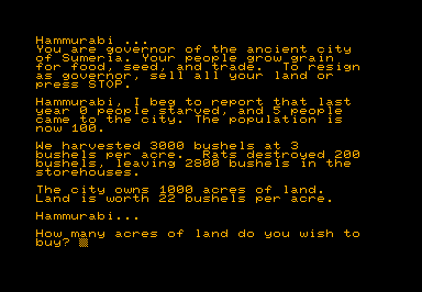 Hammurabi game screenshot for Commodore PET